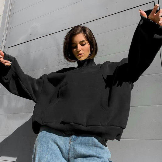 Autumn and Winter Oversized Sweatshirt Women's High-neck Long-sleeved Sweater Solid Color All-match Blouse