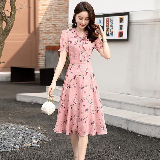 Sweet Chiffon Small Floral Bow Tie Dress Fairy Summer French Niche Short-sleeved Printed Slim Skirt Light and Breathable Mid-length Dress