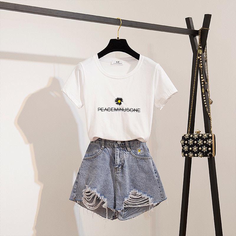 Pofulove Women Shorts Set Summer Embroidered Shirt Short Sleeve T-shirt High WaistRipped Denim Shorts 2 Piece Set for Teen Girl