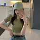 French Niche Short One-shoulder Knitted Bottoming Shirt Women's Summer Large Size Vertical Striped Fungus Short-sleeved Top