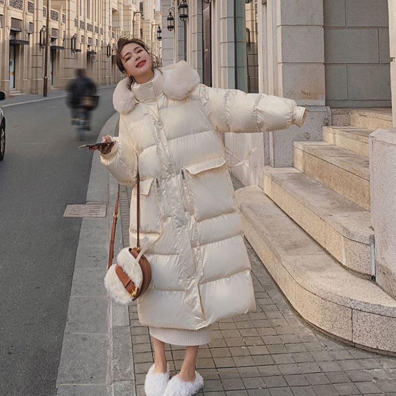 Shiny Down Cotton Jacket Fashion Color Hooded Jacket Winter Thicken Warm Long Over-the-knee Cotton Jacket Suitable for Women