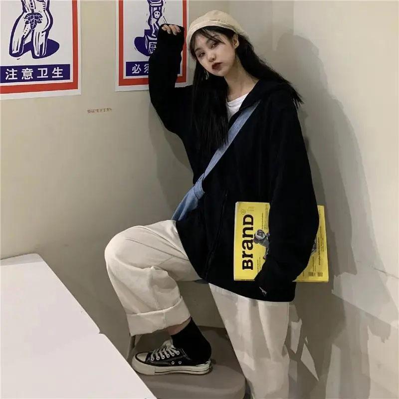 Spring and Autumn Hooded Sweater Women's Loose Solid Color Top Ins Student Long-sleeved Cardigan Thin Coat