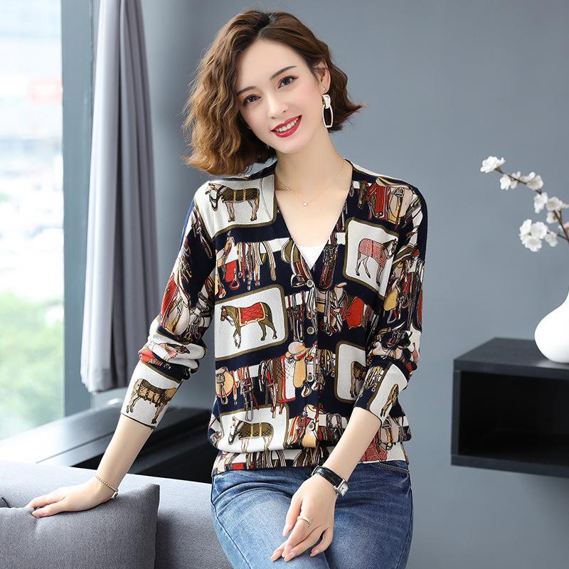 Autumn Winter Women's Knitted Sweater V-neck Bottoming Shirt Fashion Printing Sweater