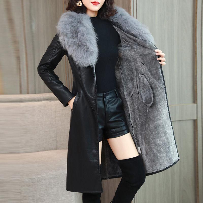 Winter Women's Coat Keep Warm with Fur Fox Collars Slim Female Leather Jacket  Plus Size Overcoat