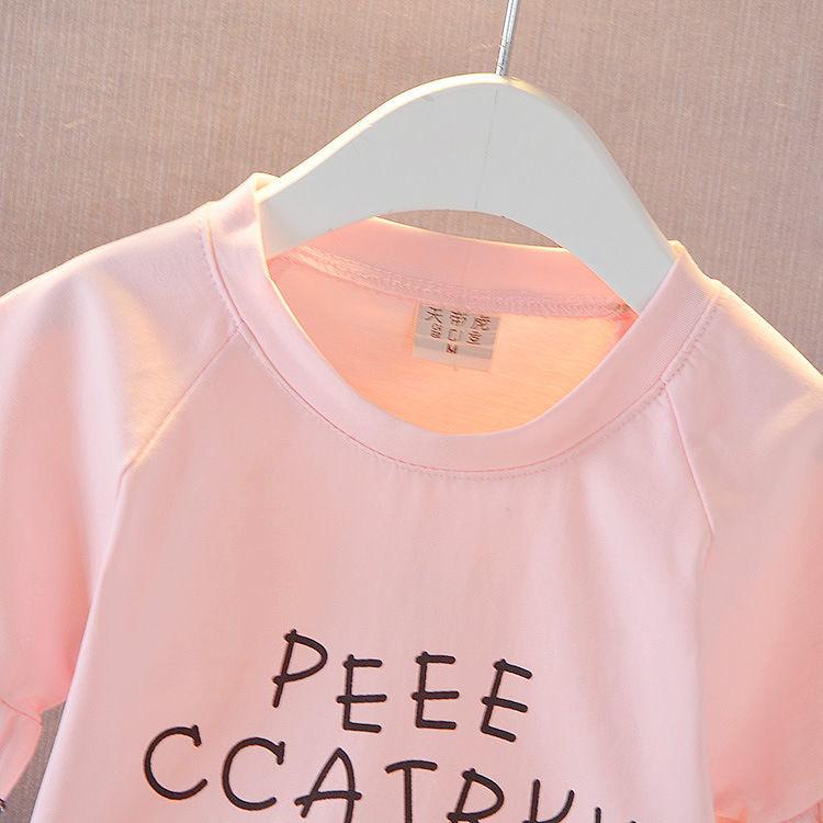 2PCS Children Clothing Set Spring Summer Solid Color Girls Suits Printing Short Sleeve Tops + Short Clothing Set