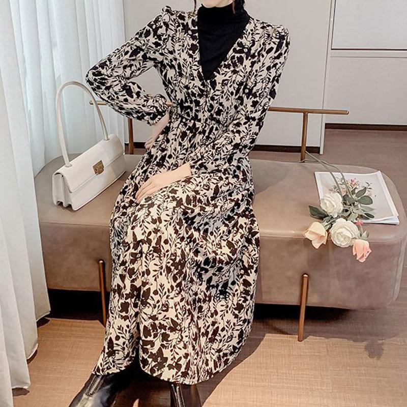 Women's Spring and Autumn Long Sleeve A-Line  Print Floral Dresses Mid-Calf V-Neck High Waist Mid-length Skirt