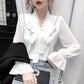Spring and Summer Tied Wide Loose Long-sleeved Bow-knot Shirt Female Design Sense Niche Chiffon Shirt Top Trumpet Sleeve Bow Neckline Lady