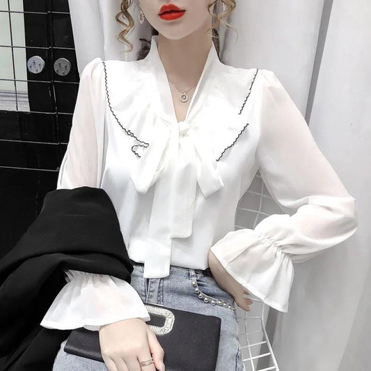 Spring and Summer Tied Wide Loose Long-sleeved Bow-knot Shirt Female Design Sense Niche Chiffon Shirt Top Trumpet Sleeve Bow Neckline Lady