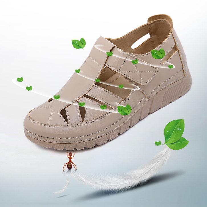 Office Ladies Spring Summer Large Size Breathable Flat Sandals Women's Autumn Solid Color Hollow Casual Leather Single Sandals