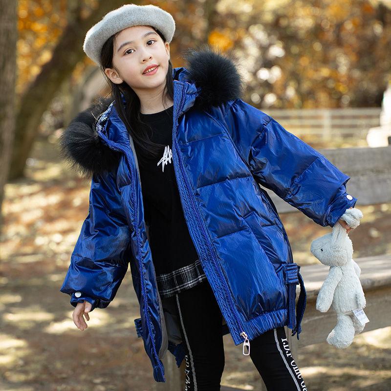 Winter Thickened All-match Big Children's White Duck Down Down Jacket Girls Mid-length Shiny Face Baby Girl Winter Thickened Children's Jacket