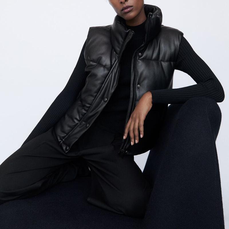 Black Stand Collar Vests Women Fashion Zipper PU Leather Coats Women Elegant Autumn Winter Short Vests Female Ladies IAC