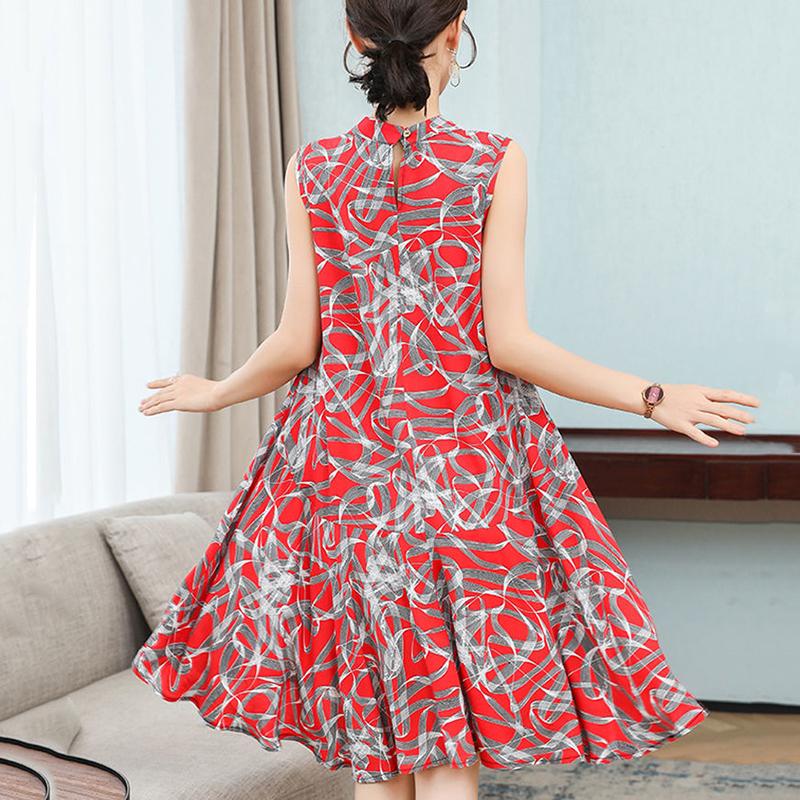 Women Cotton Silk Dress Summer Mother Sleeveless Mid-length Loose Large Home Night Skirt Beach Skirt