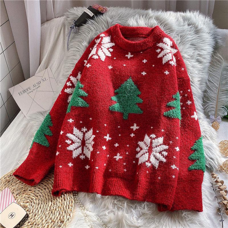 Women's Christmas Sweater Loose Snowflake Print Pullover Sweater Top Thick Warm Knitwear Outer Wear