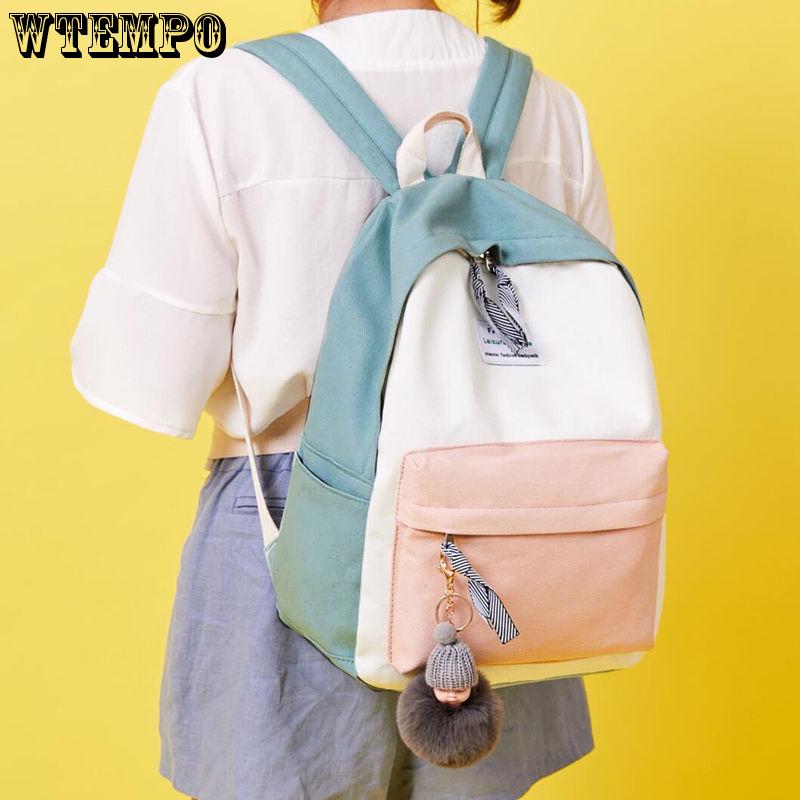Canvas Backpacks Candy Color Waterproof School Bags Girls Laptop Backpacks Patchwork Backpack