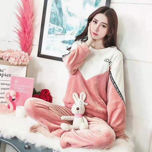 Autumn and Winter Coral Fleece Thickened Warm Round Neck Women's Pajamas Spring and Autumn Cute Student Long-sleeved Flannel Home Service Suit