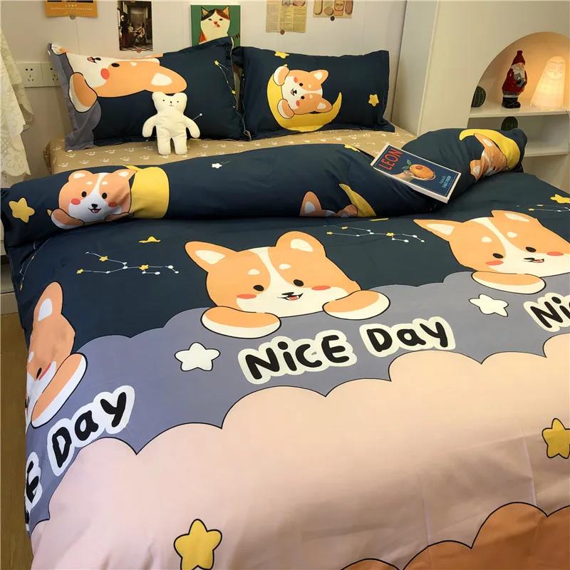 Ins Lattice Cartoon Girl Heart Bedding Four-piece Student Dormitory Three-piece Single Bed