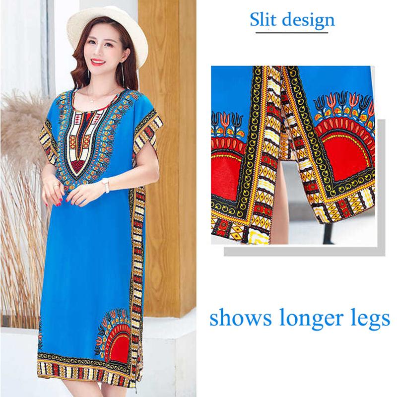 Summer Ethnic Print Dress Round Neck Cotton and Linen short  Sleeve Loose Mid-length Vest Skirt Daily Thin