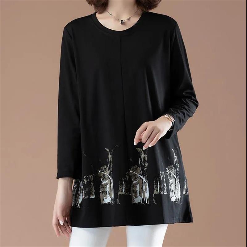 Womens Leisure Print T-shirt Long Sleeve Round Neck Blouses Casual Loose Tops Pullover