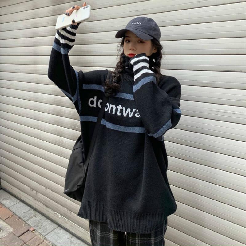 Turtleneck Color Matching Alphabet Sweater Schoolgirl Loose Wild Thick Sweater Winter Coat