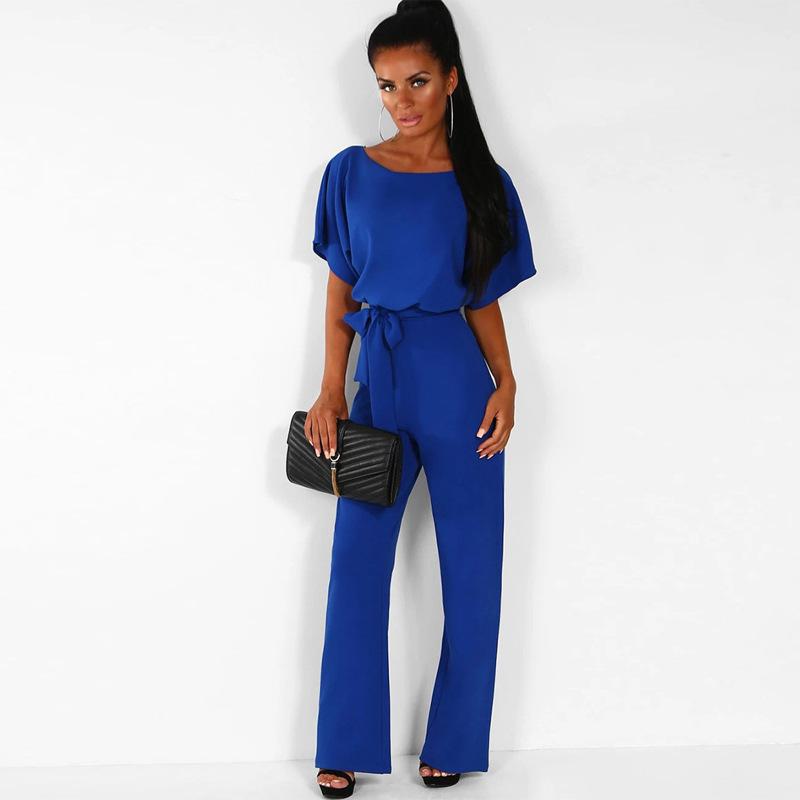 Women Solid Color Jumpsuit Summer Short Sleeve Casual One Piece Romper Lady Slim Long Overalls