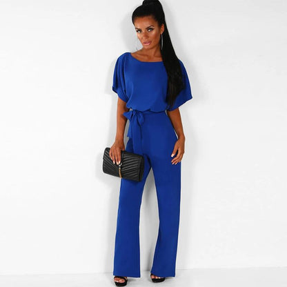 Women Solid Color Jumpsuit Summer Short Sleeve Casual One Piece Romper Lady Slim Long Overalls