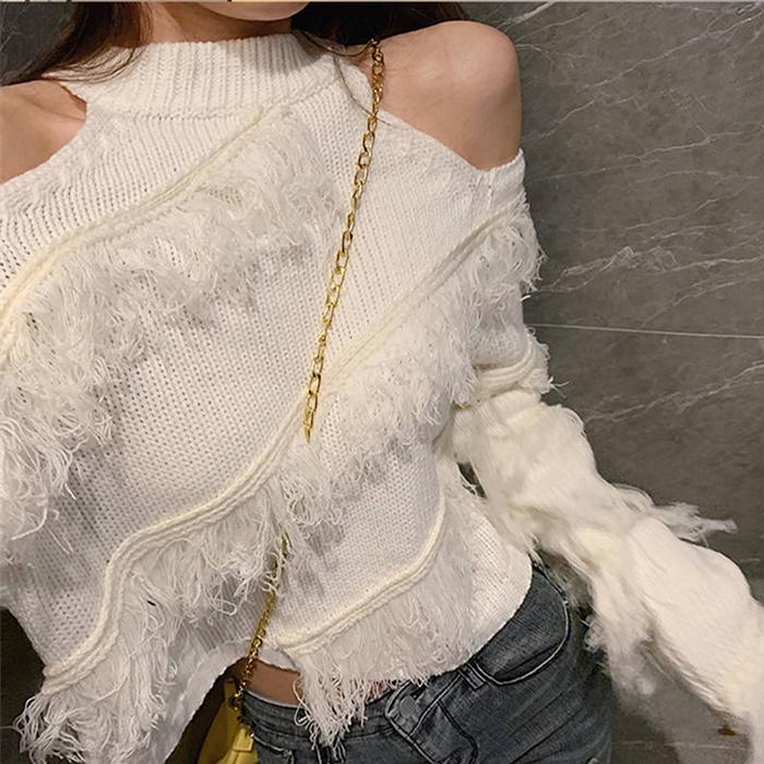 Women Sexy Off-Shoulder Turtleneck Pullover Halter Neck Tassels Knitted Bottoming Shirt