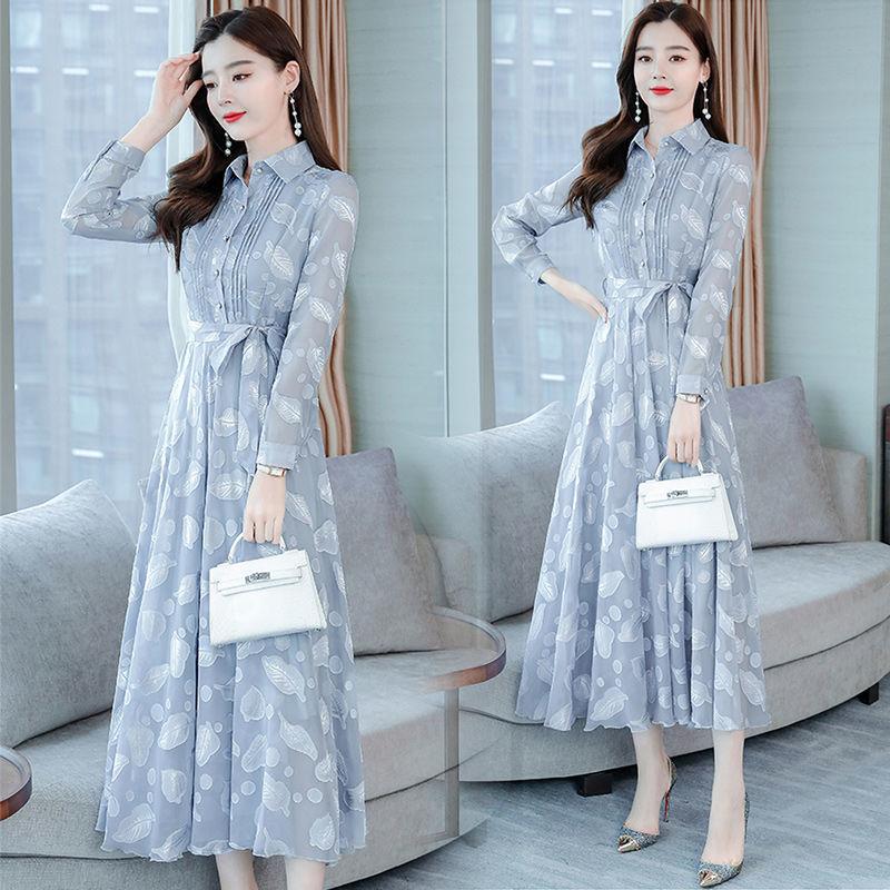 POLO Collar Chiffon Dress Women's Long-sleeved Meat-covering Age-reducing Slim Temperament Mid-length Skirt Solid Color Printed Shirt Dress