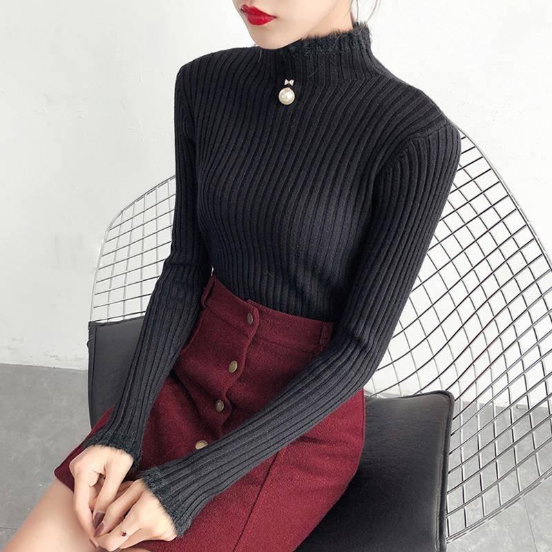 Pofulove Half Turtleneck Sweaters Women Autumn Winter Fashion Slim Long-sleeved Bottoming Sweater