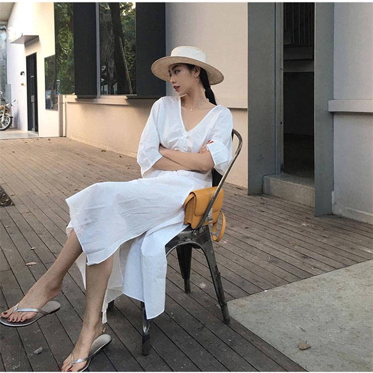 Elegant Chic Summer Drawstring V-Neck Women Pleated Retro Solid Short Sleeve Sexy Ladies Long Dress