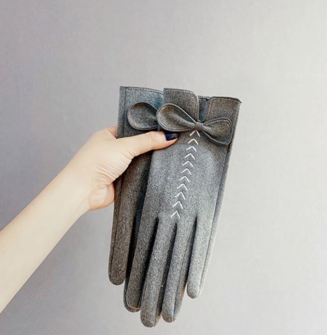 Suede Gloves Female Touch Screen Winter Windproof Cold Warm Plus Velvet Korean Version Cute Bow Gloves