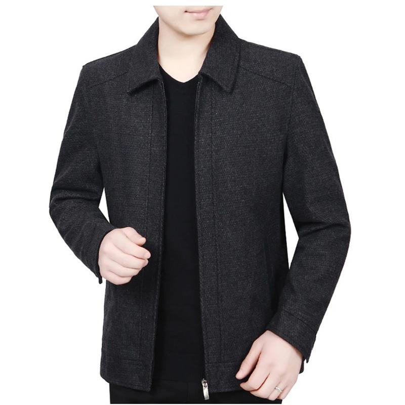 Men's Autumn and Winter Wool Plus Velvet Padded Jacket Stand-collar Casual Jacket Male Warm Thick Coats Mid-length Thick Coat Black Grey Outerwear