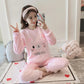 Women's Coral Fleece Pajamas Set Thickened Warm Cute Cartoon Long-sleeves Flannel House Wear Suit Comfortable Loose Sleepwear