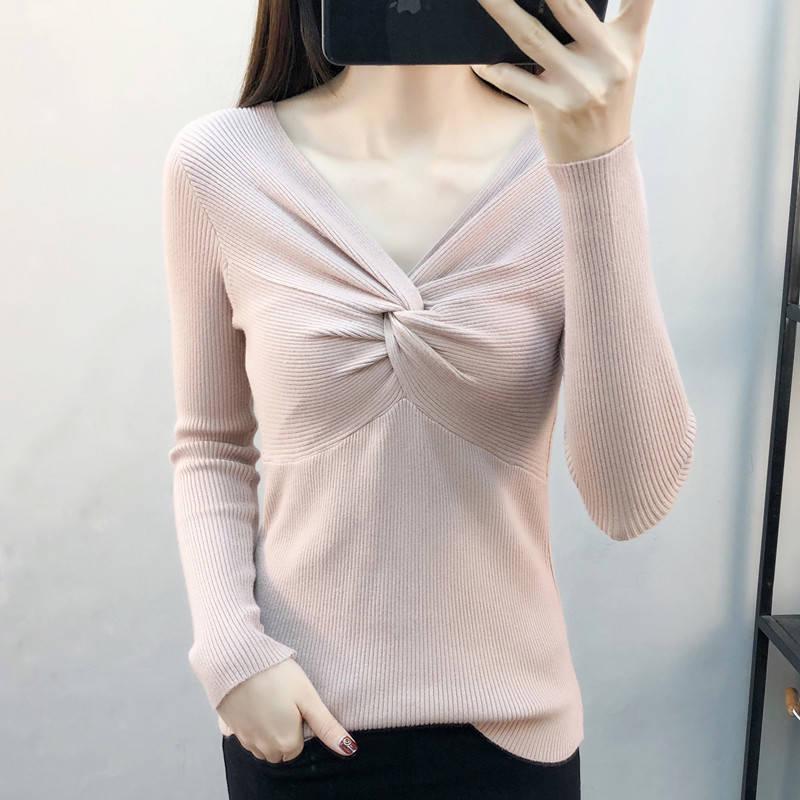 Pofulove sexy slim bottoming shirt female V-neck solid color short sweater with knitted sweater