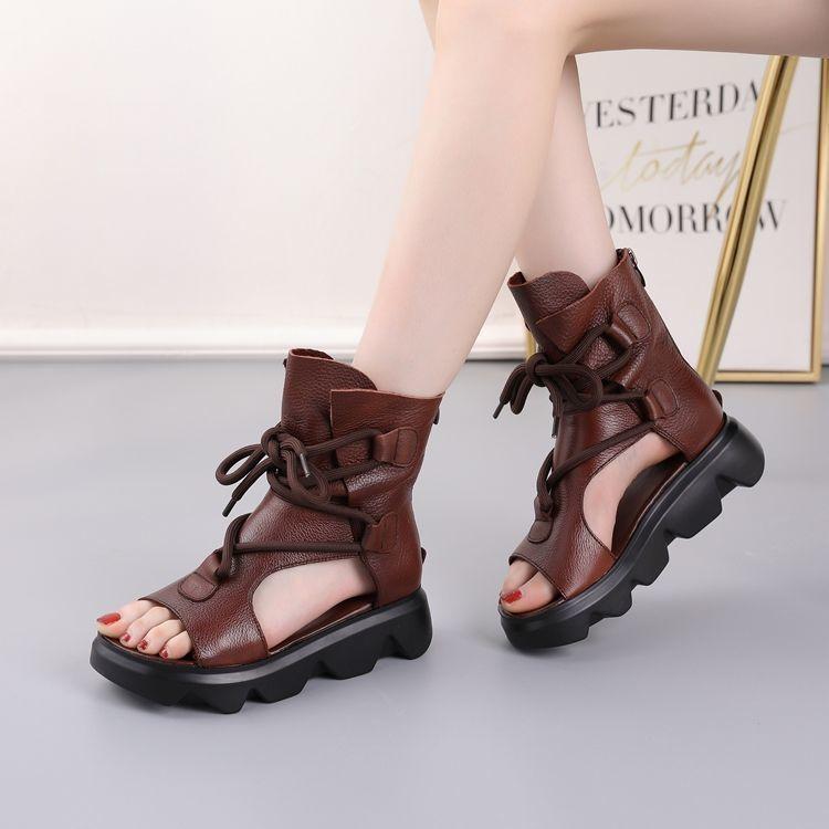 Soft Leather Women's Sandals Spring and Summer Platform Women's Shoes Fish Mouth Flat Roman High-top Sandals