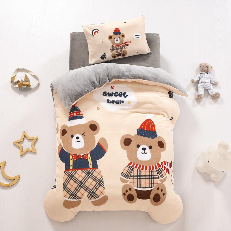 Children's Bed Set Autumn and Winter Double-sided Milk Velvet Three-piece Children Pillowcase Bed Sheet Duvet Cover Plus Velvet Soft Skin-friendly