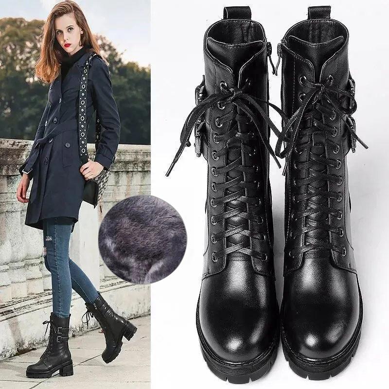 Martin Boots Woman Autumn and Winter Style Plus Velvet Warm Snow Boots Winter Boots Rivet Shoes Black Boots