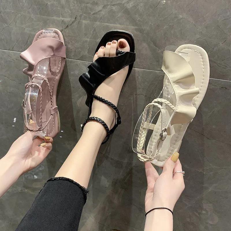 Sandals Women's Large Size Summer Lotus Leaf Fairy Style Flat Bottom All-match Word with Low-heeled Roman Shoes