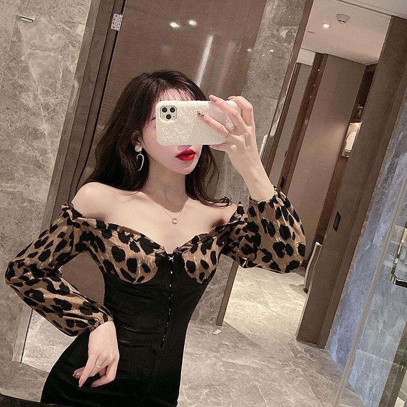 Slim sexy strapless bag hip skirt woman sexy low-cut long-sleeved evening dress leopard dress woman