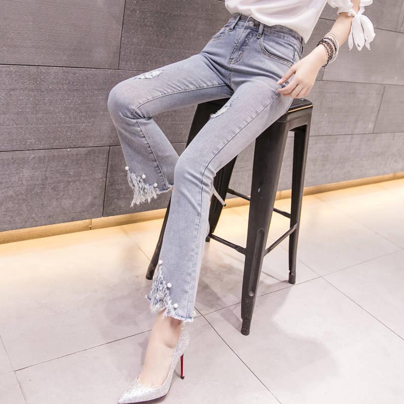 Women Denim Jeans Casual Slim Stretchy Bell-Bottom Jeans Retro Flare Pants Mid Waisted Long Trousers