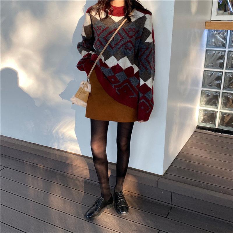 Half High Neck Pullover Sweater Women Fall Winter Casual Fashion Loose Contrast Color  Geometric Pattern Long-sleeved Sweater