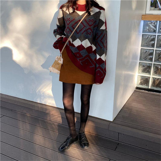 Half High Neck Pullover Sweater Women Fall Winter Casual Fashion Loose Contrast Color  Geometric Pattern Long-sleeved Sweater