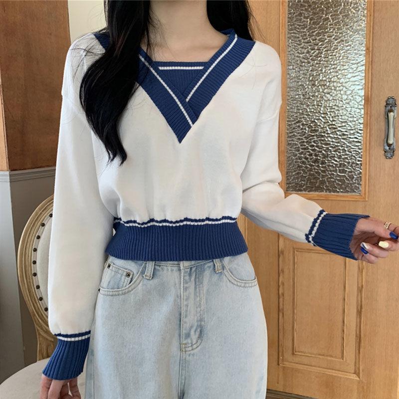 Temperament Short Knit Sweater Women's Spring and Autumn Long-sleeved Sweater Design Niche V-neck Blouse Comfortable Stretch Slim Fit