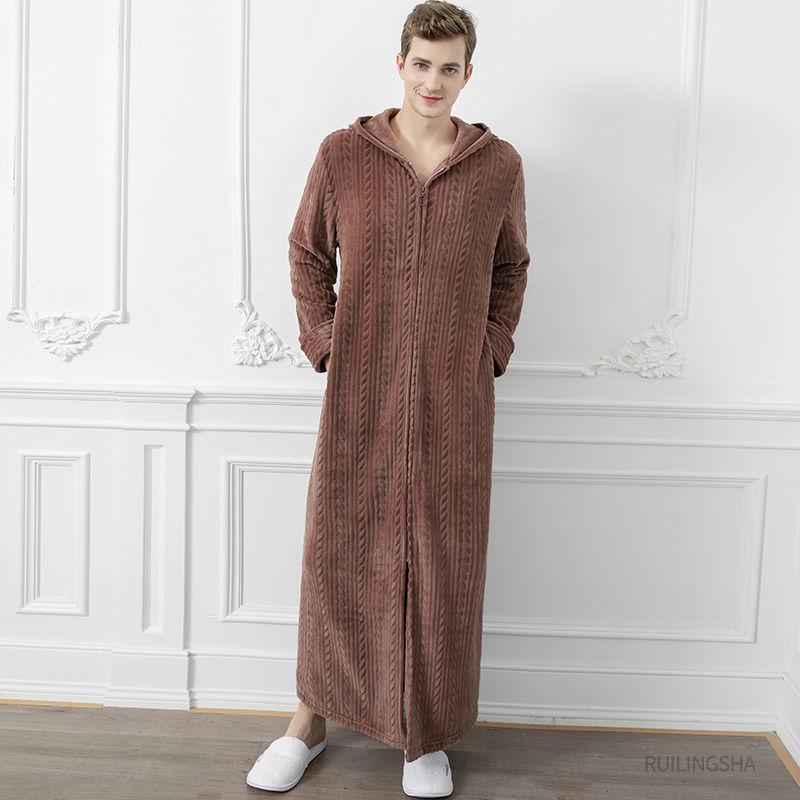 Luxury Nightgown Men's Autumn and Winter Long Coral Fleece Thick Warm Flannel Bathrobe Zipper Home Pajamas Skirt