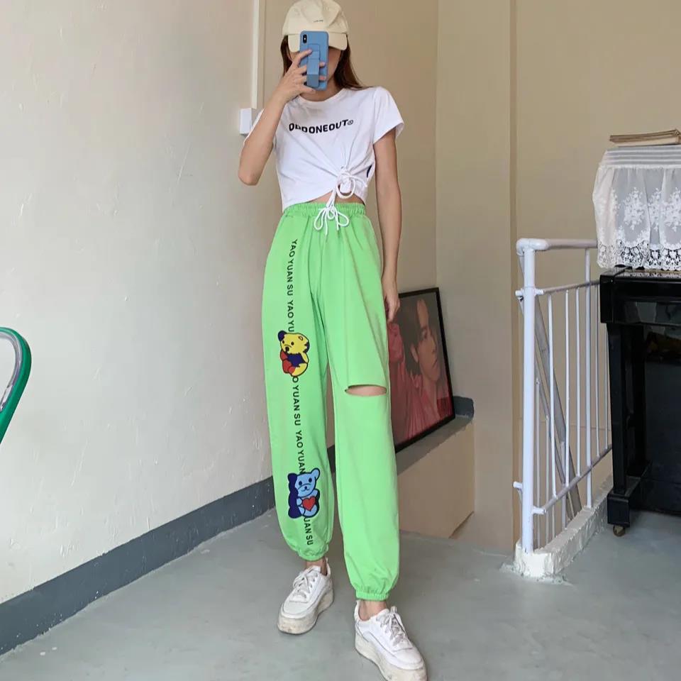 Girls Pants Summer High Waist Slimming Sports Running Students Beggars with Holes In Nine-point Guard Pants