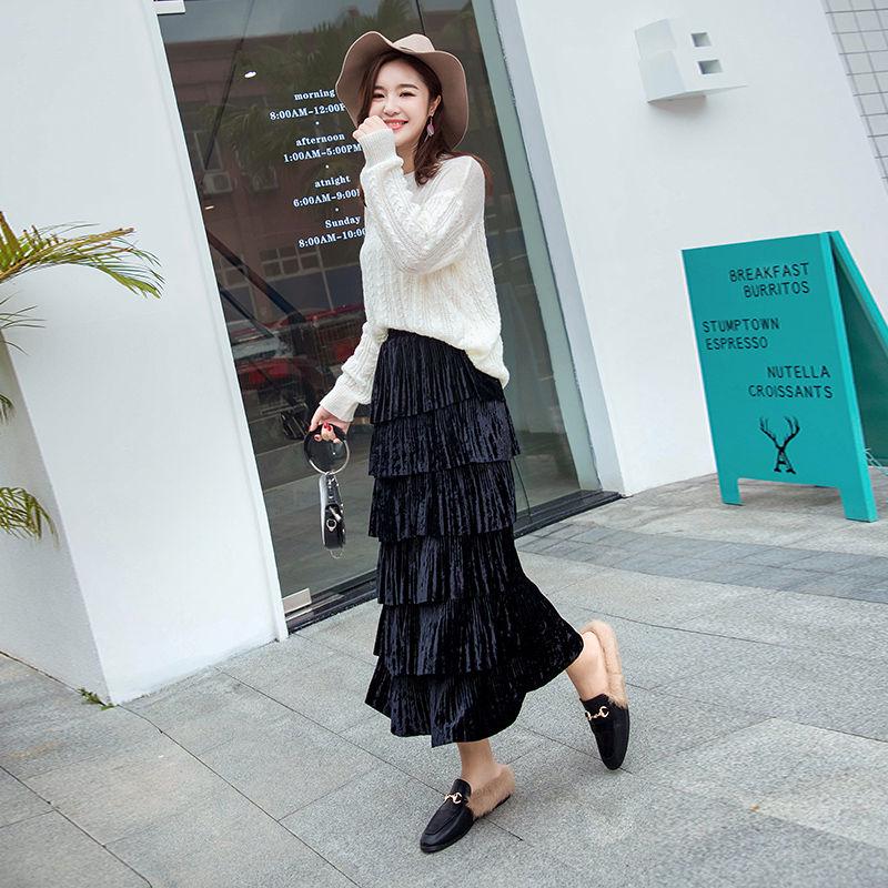Spring Autumn Pleated Skirt Womens Vintage High Waist Skirt Solid Long Skirts Casual Skirt Female