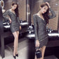 Sexy Women's Plus Size Fashion Bottoming Package Hip Long-sleeved Dress Was Thin V-neck A-line Skirt