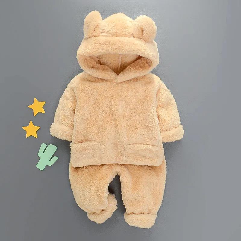 Infant Children's Autumn and Winter Plush Suit Baby Plus Velvet Thick Winter Clothing Double-sided Fleece Two-piece Suit for Boys and Girls