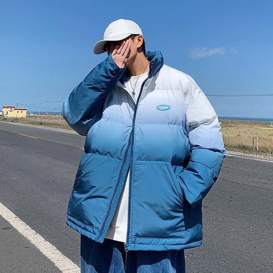 Gradient Color Winter Coat Men's Thick Cotton Coat Jacket Korean Version of The Trend Short Stand Collar Ins Hong Kong Style Jacket