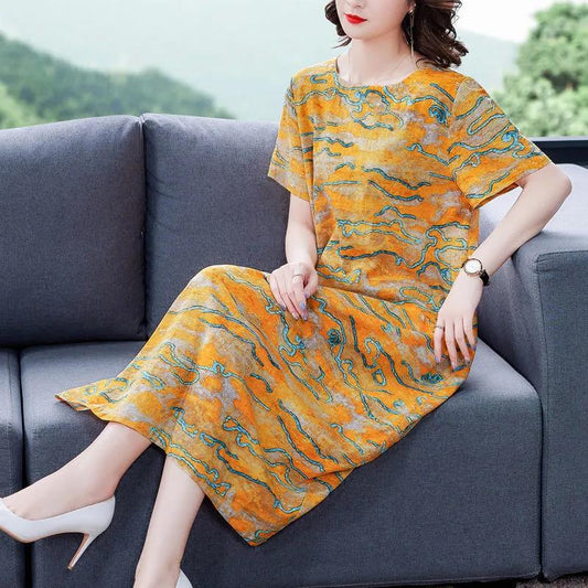 Women's Summer Plus Size Loose Long Dress Mother Dress Print Slim Skirt