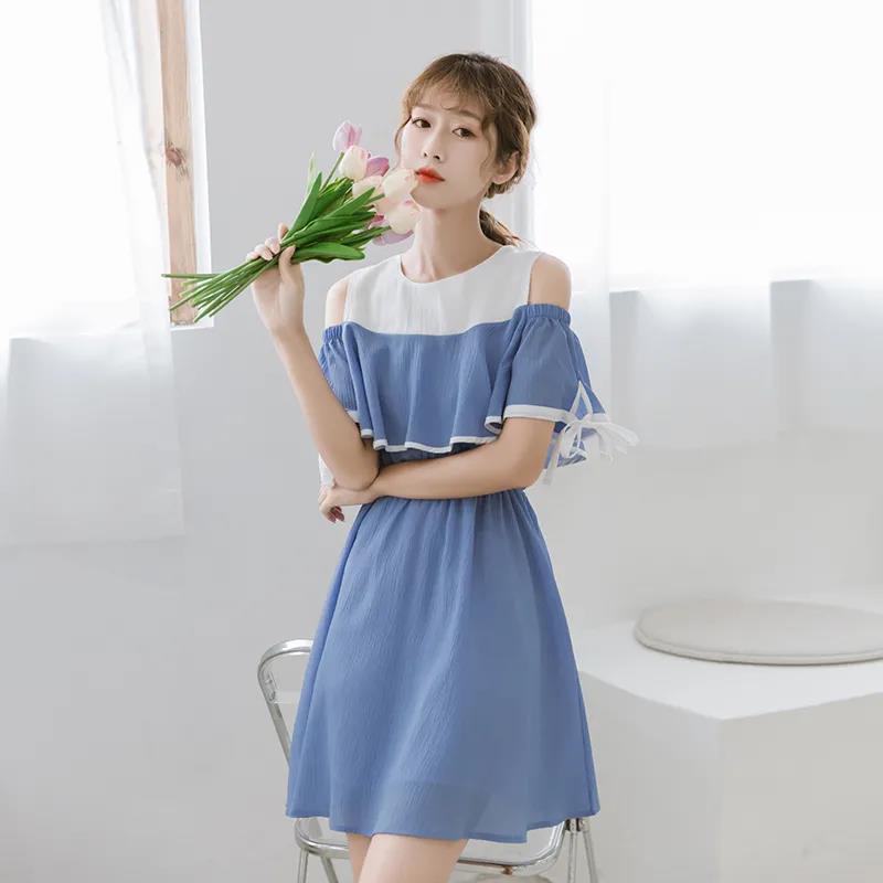 Ladies Off-shoulder Loose Mid-length Dress A-line Version Dress with Waist Slimming Ruffled Sweet and Cute Ladies Off-shoulder Dress